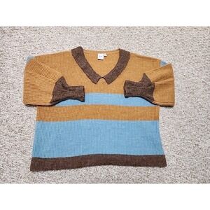 ICHI Womens Blue Brown Striped Balloon Sleeve V Collar Pullover Sweater Large